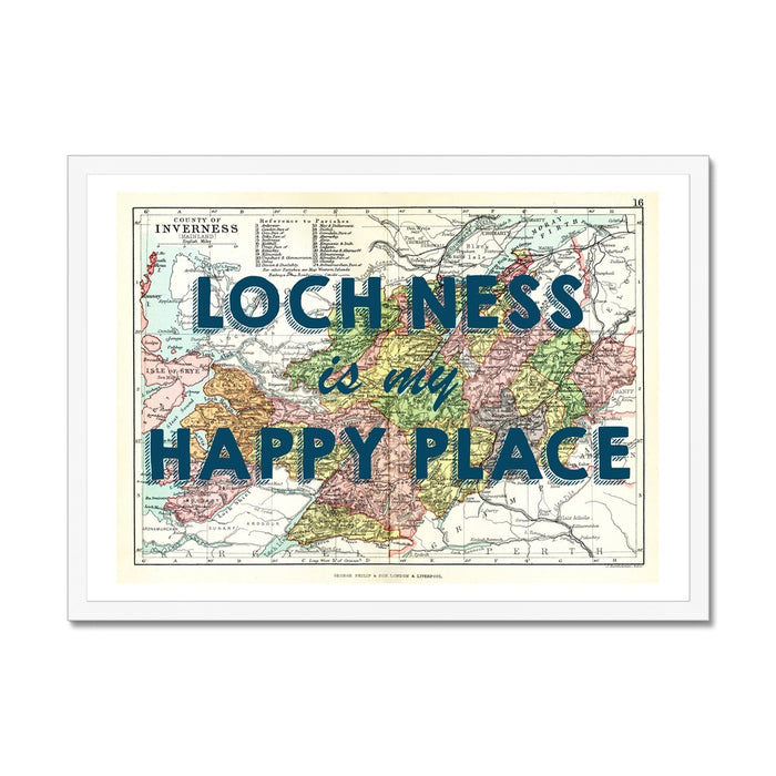 Loch Ness Map Print - My Happy Place Navy Framed Print