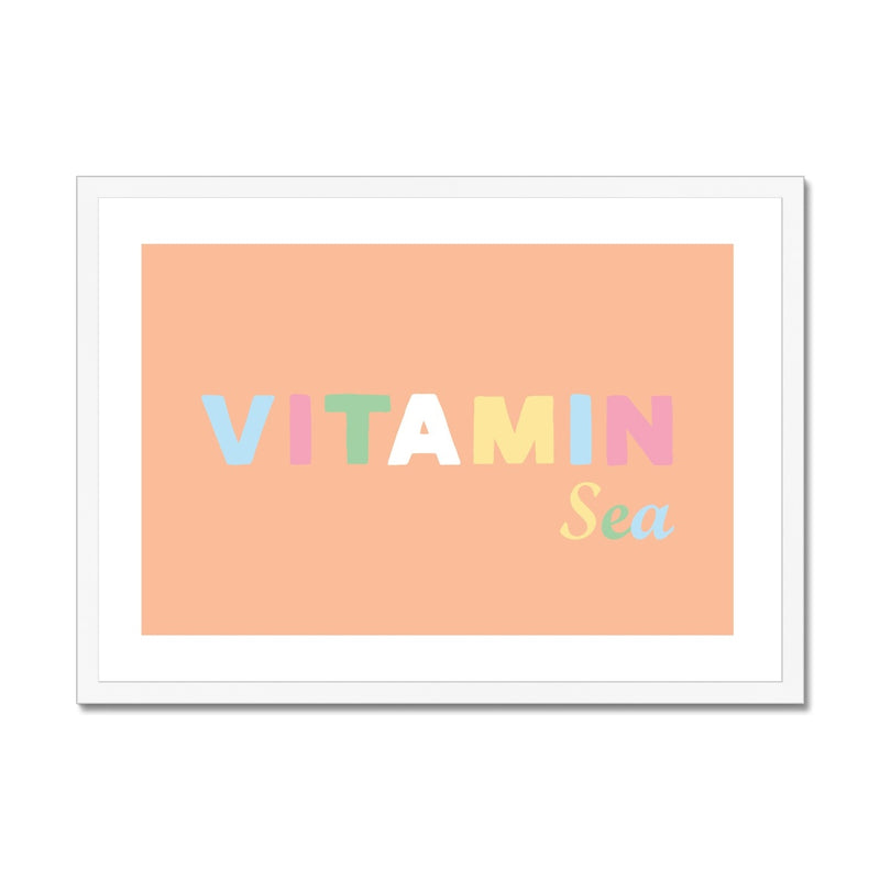 Vitamin Sea | Typography Art Print | Peach Fuzz Edition - Framed Beach House Art - Vintage bird paintings