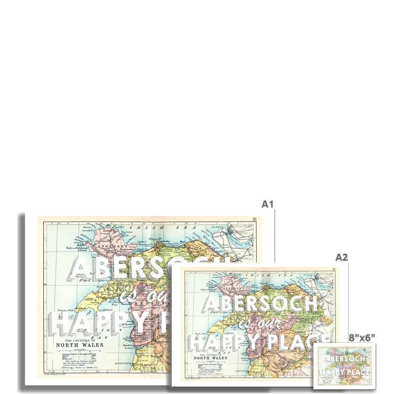 Abersoch is our Happy Place (White) Vintage North Wales Map Wall Print - Unframed