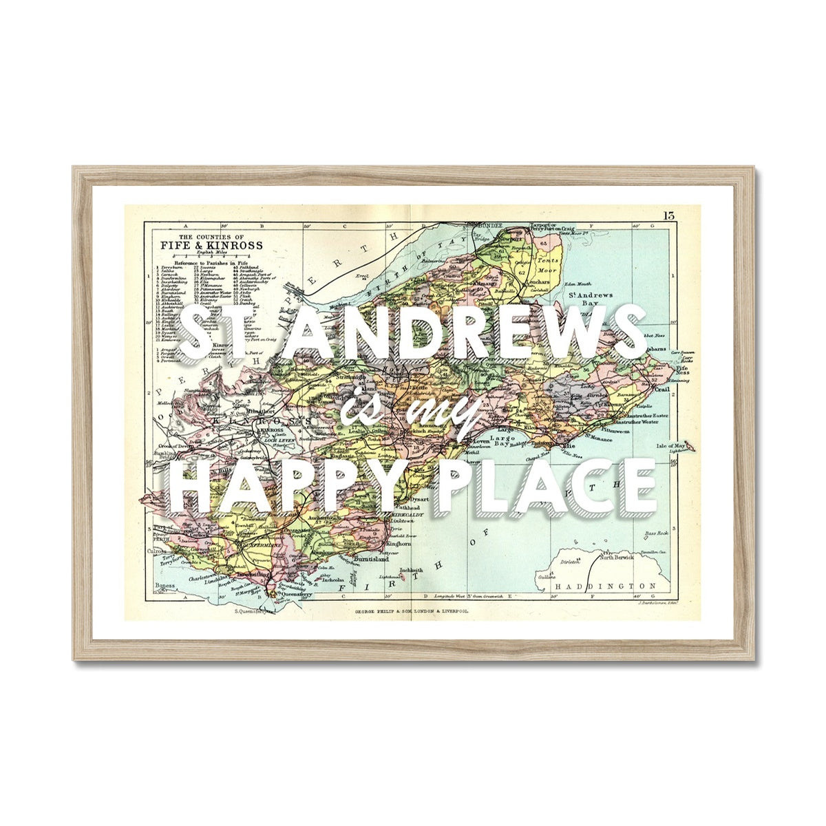 St Andrews is my Happy Place Quote on Vintage St Andrews Map Print - Framed