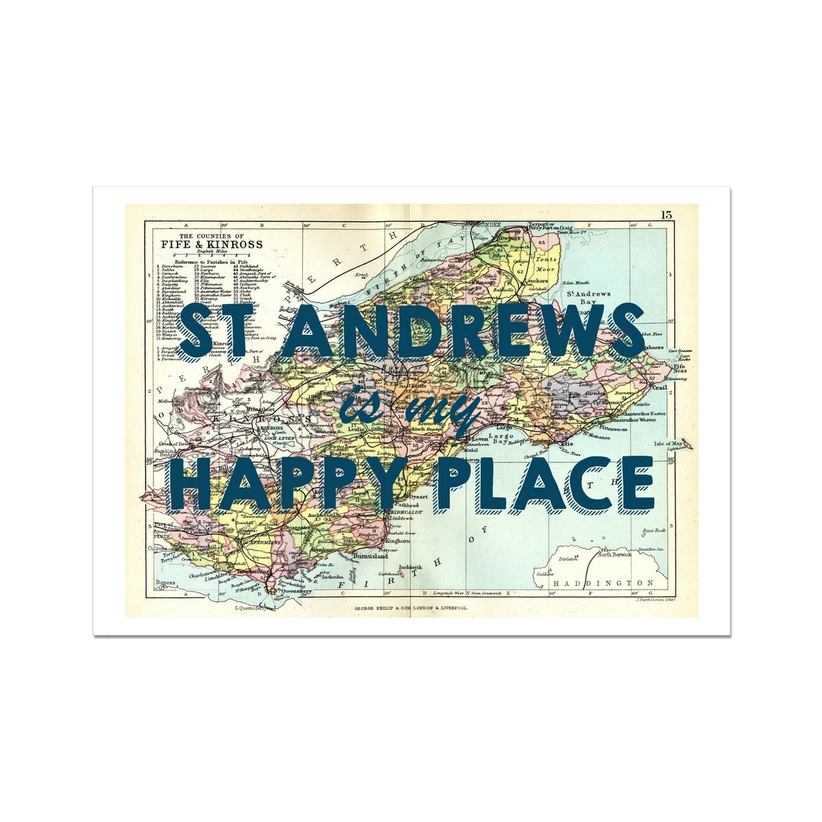 St Andrews is my Happy Place Quote on Vintage St Andrews Map Print - Unframed