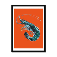 Prawn Print | Shellfish Kitchen Wall Art | Prawn Painting on Orange Background - Framed