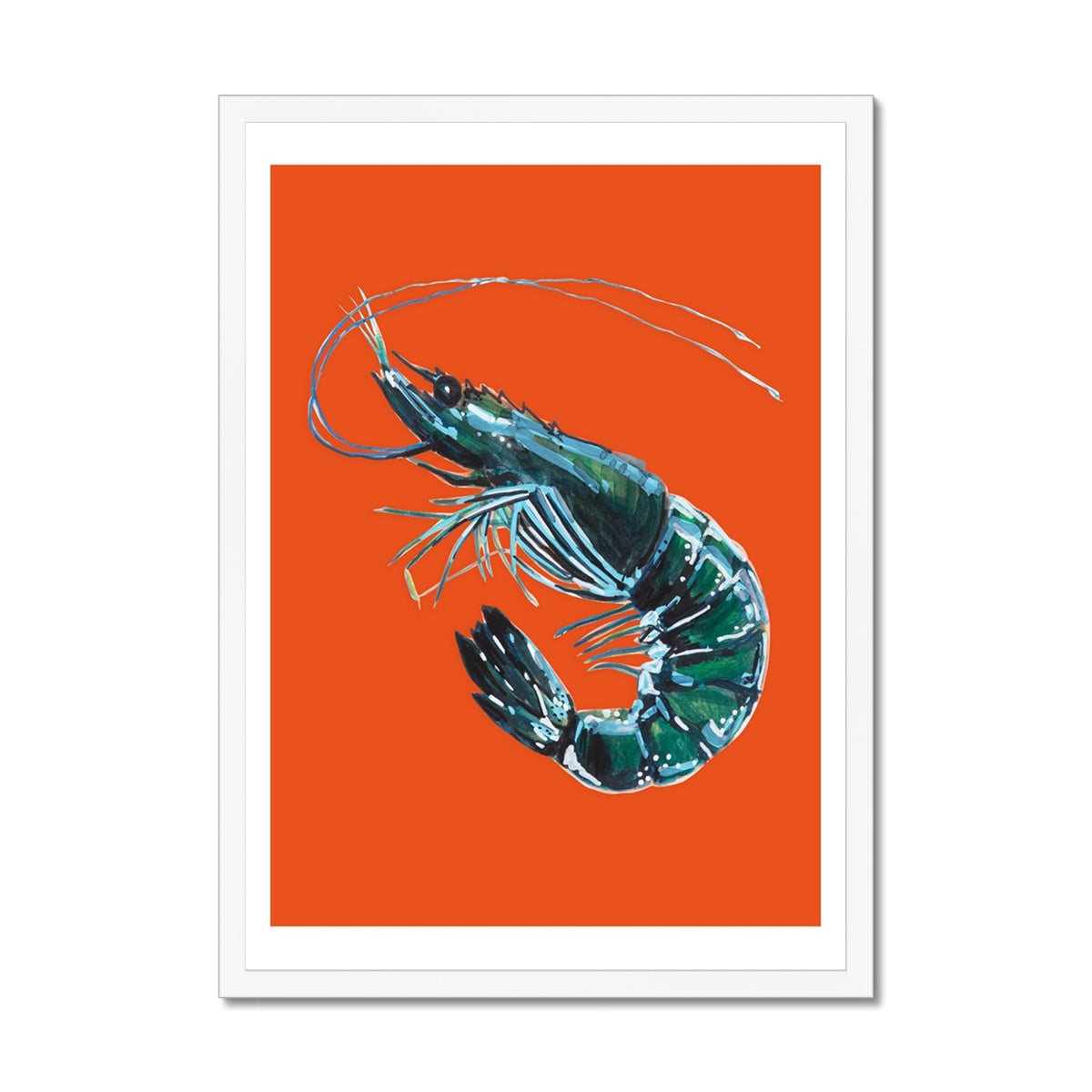 Prawn Print | Shellfish Kitchen Wall Art | Prawn Painting on Orange Background - Framed