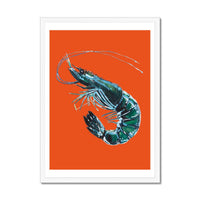 Prawn Print | Shellfish Kitchen Wall Art | Prawn Painting on Orange Background - Framed