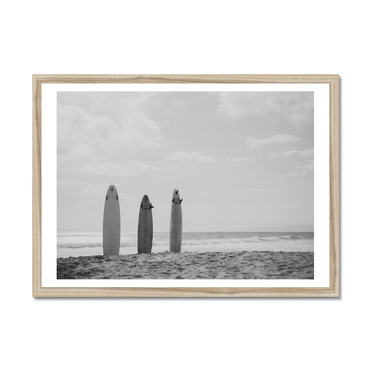 Three Surfboards in the sand overlooking the sea photo | Black & White Photography Print - Framed Wall Art