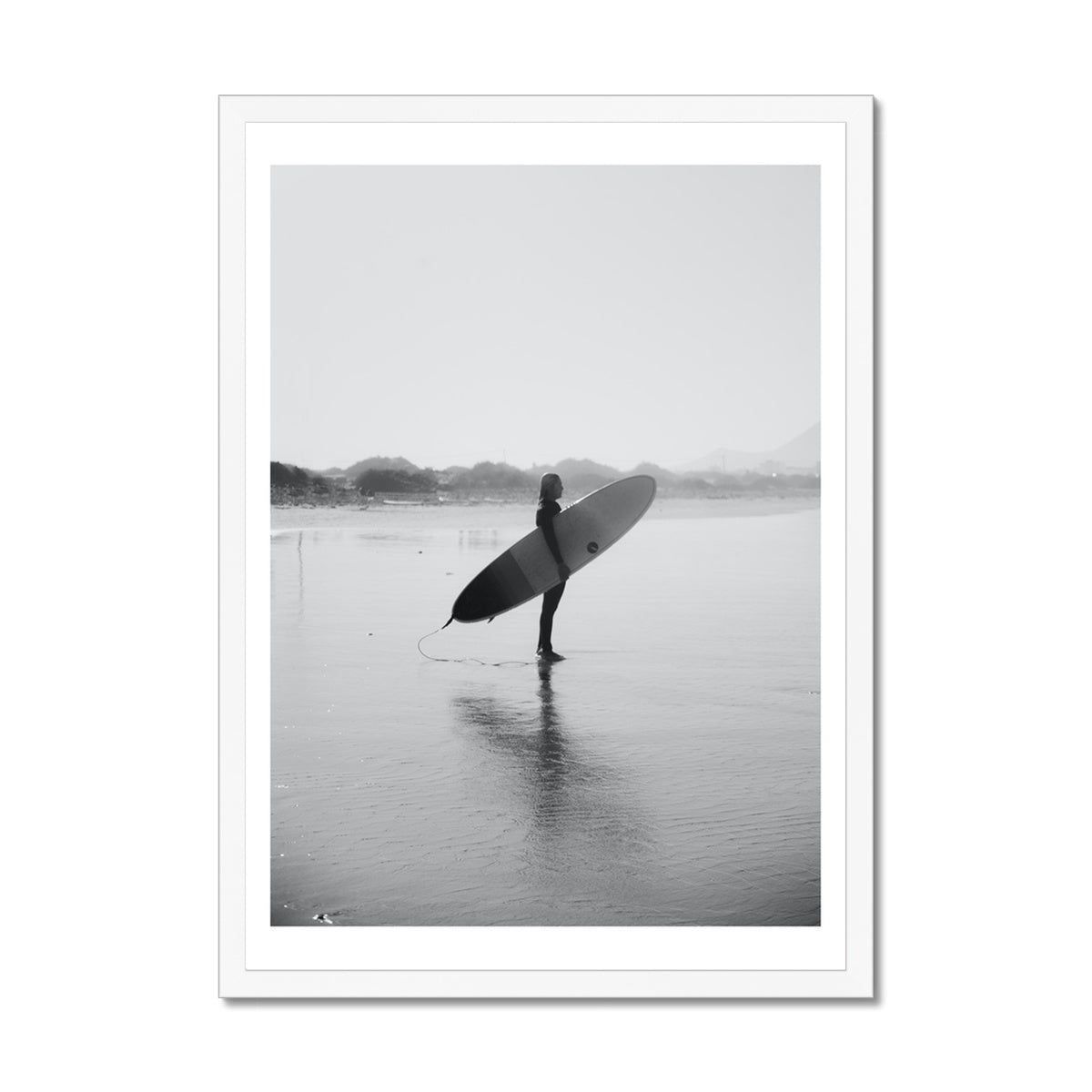 Surfer Holding Board Photograph | Black & White Photography - Framed Wall Art