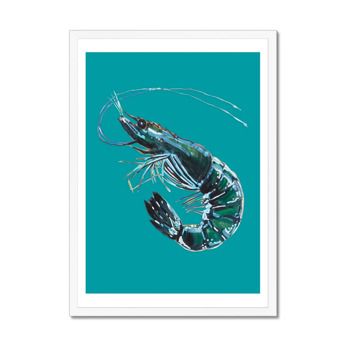 Prawn Painting | Shellfish Kitchen Art Print | Prawn Print on Green Background - Framed