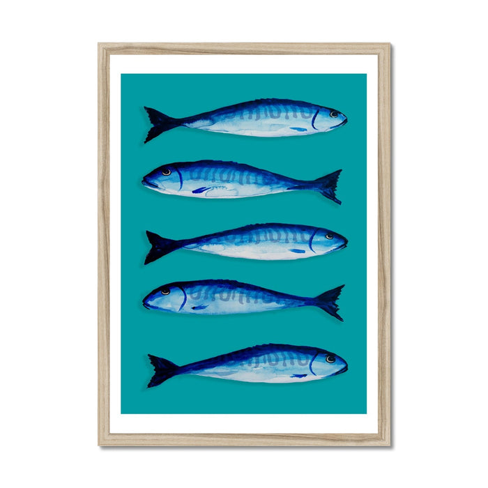 Mackerel Art Print | Kitchen Fish Wall Art | Mackerel Fish Painting on Green Background - Framed