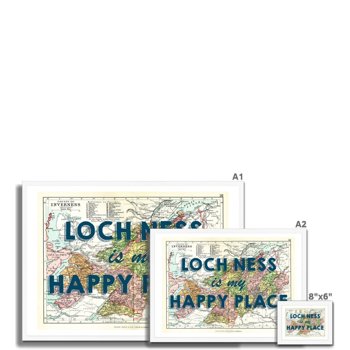 Loch Ness Map Print - My Happy Place Navy Framed Print