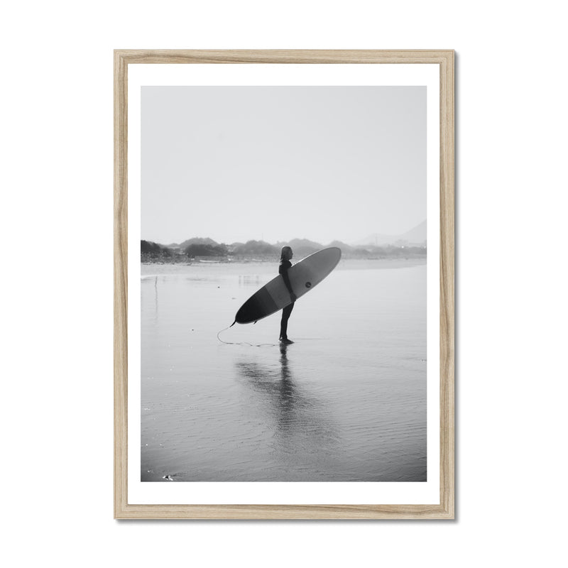 Surfer Holding Board Photograph | Black & White Photography - Framed Wall Art