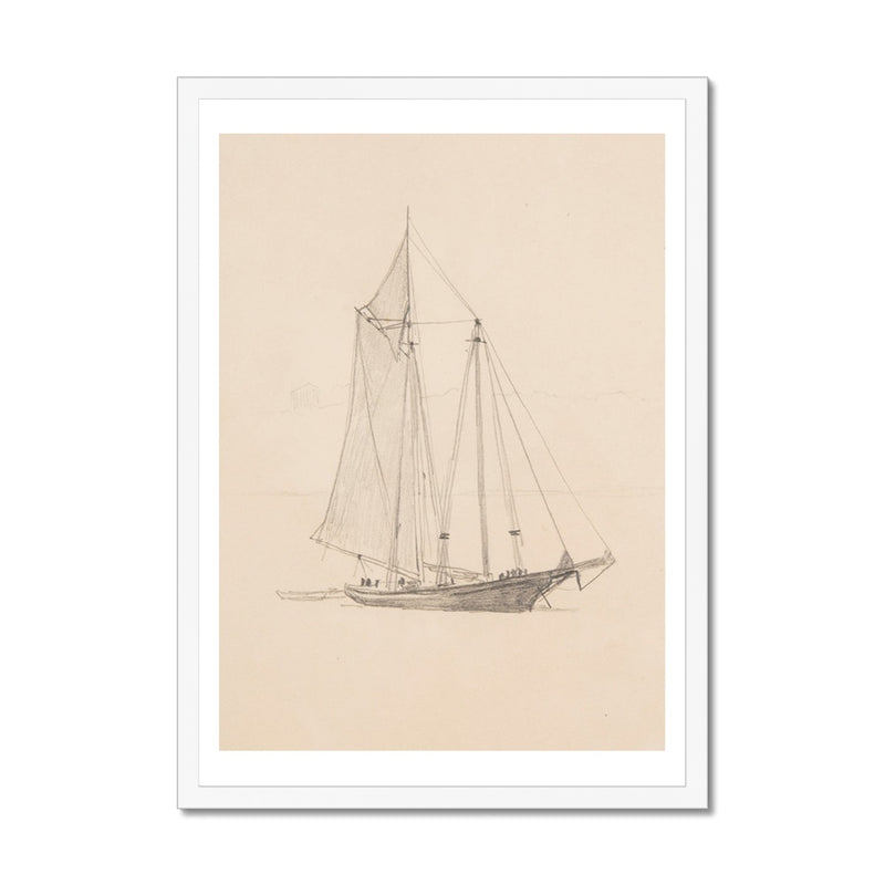 Schooner with Dinghy Drawing | Vintage Pencil Boat Wall Art Print - Framed Wall Art