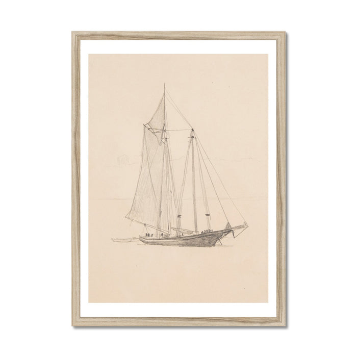 Schooner with Dinghy Drawing | Vintage Pencil Boat Wall Art Print - Framed Wall Art