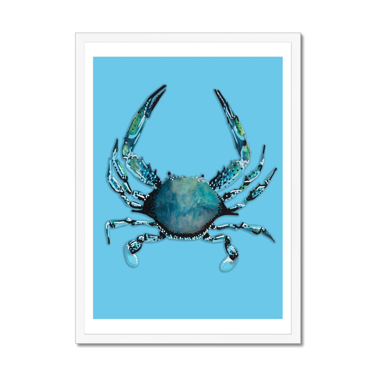 Crab Art Print |Colourful Kitchen Wall Art | Crab Painting on Blue - Framed