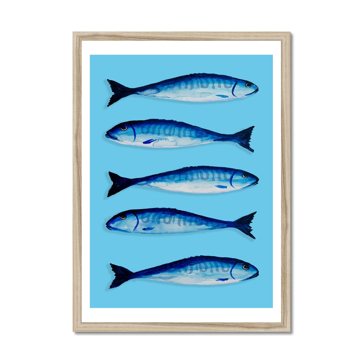 Mackerel Painting | Kitchen Fish Art Print | Azure Blue - Framed