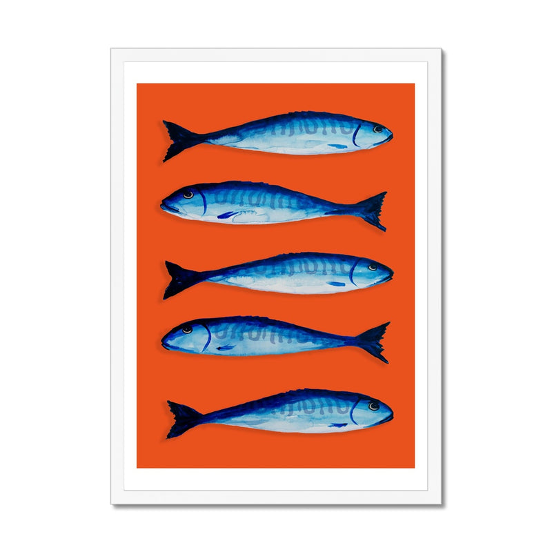 Mackerel Print | Kitchen Painting | Mackerel Fish Painting on Orange Background - Framed