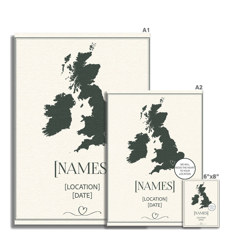 Personalised Map Print with Heart Location Pin | Wedding Print - Unframed