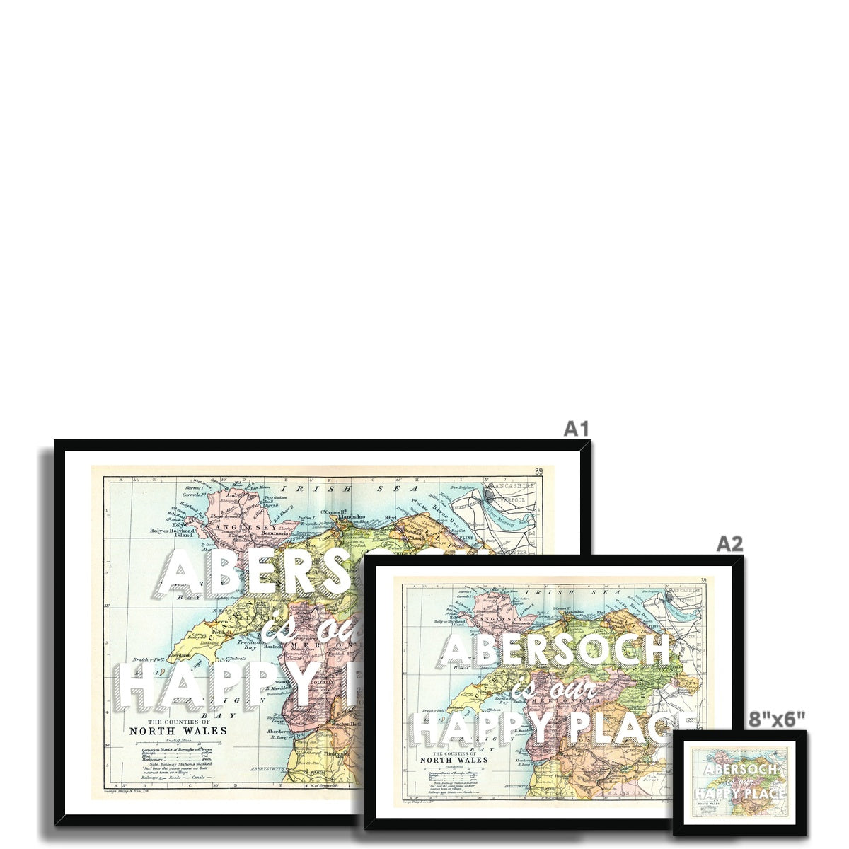 Abersoch is our Happy Place (White) Vintage North Wales Map Wall Art - Framed