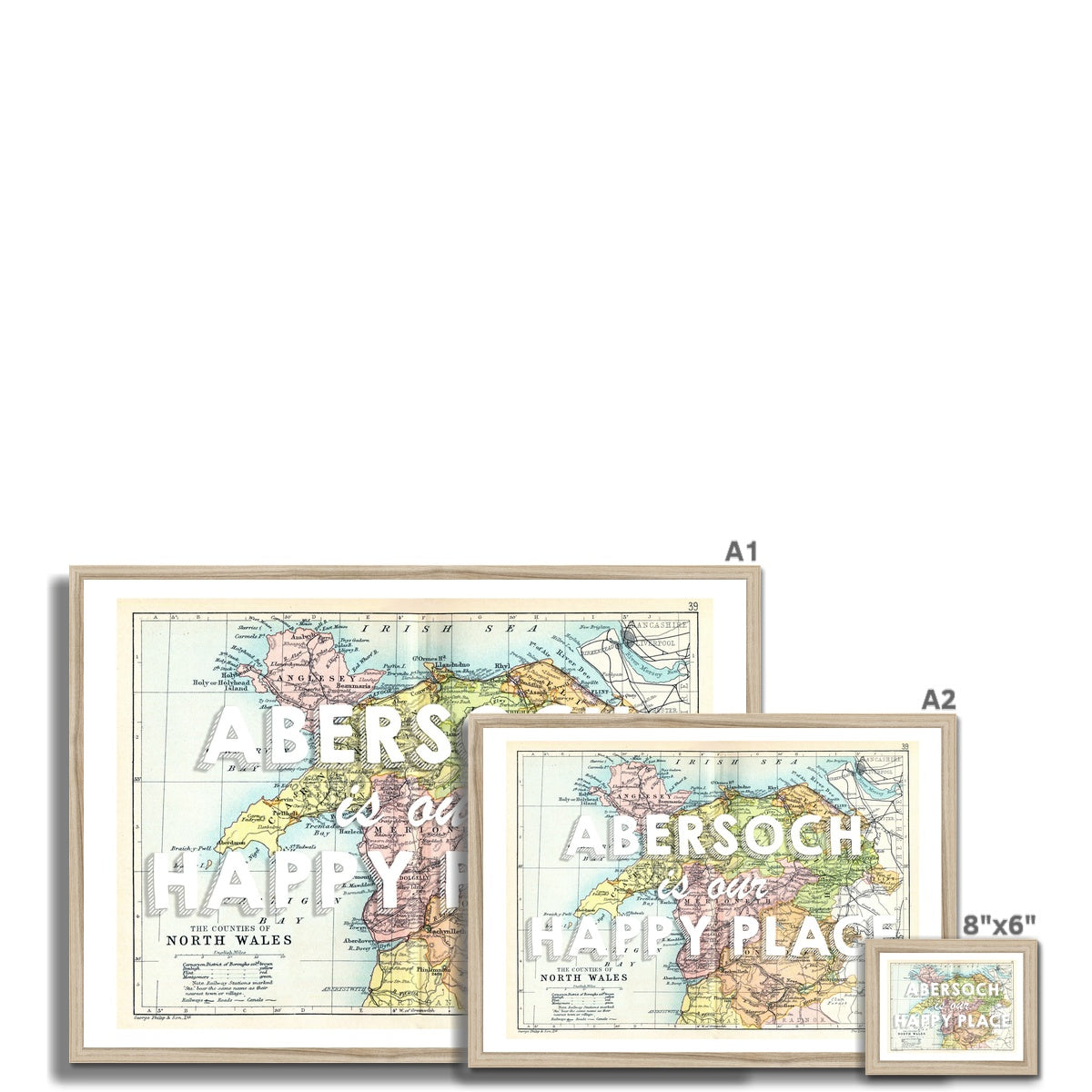 Abersoch is our Happy Place (White) Vintage North Wales Map Wall Art - Framed