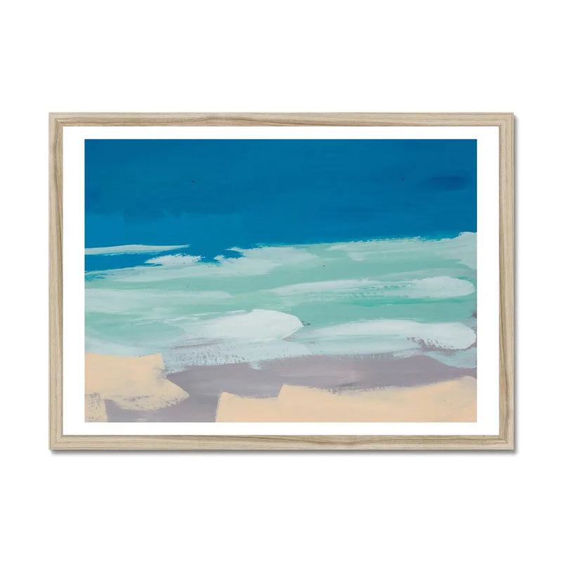 Abstract Beach Art Print - Watercolour Abstract Coastal Painting - Framed Wall Art in natural wood frame