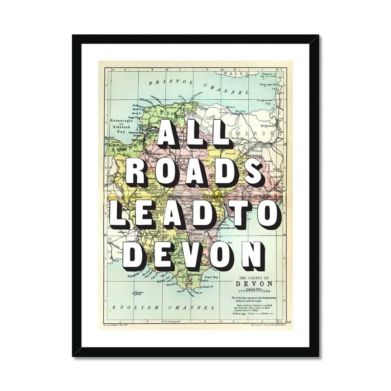 All Roads Lead To Devon - Frmaed Devon Map Print - Vintage Map Art - Framed - Beach House Art