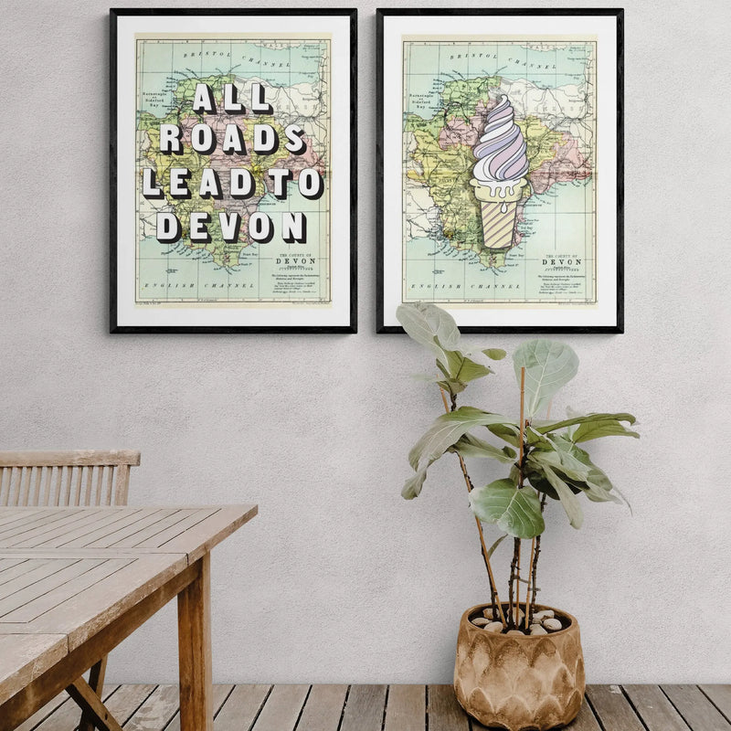 All Roads Lead To Devon (Devon Map) Vintage Map Art - Framed - Beach House Art