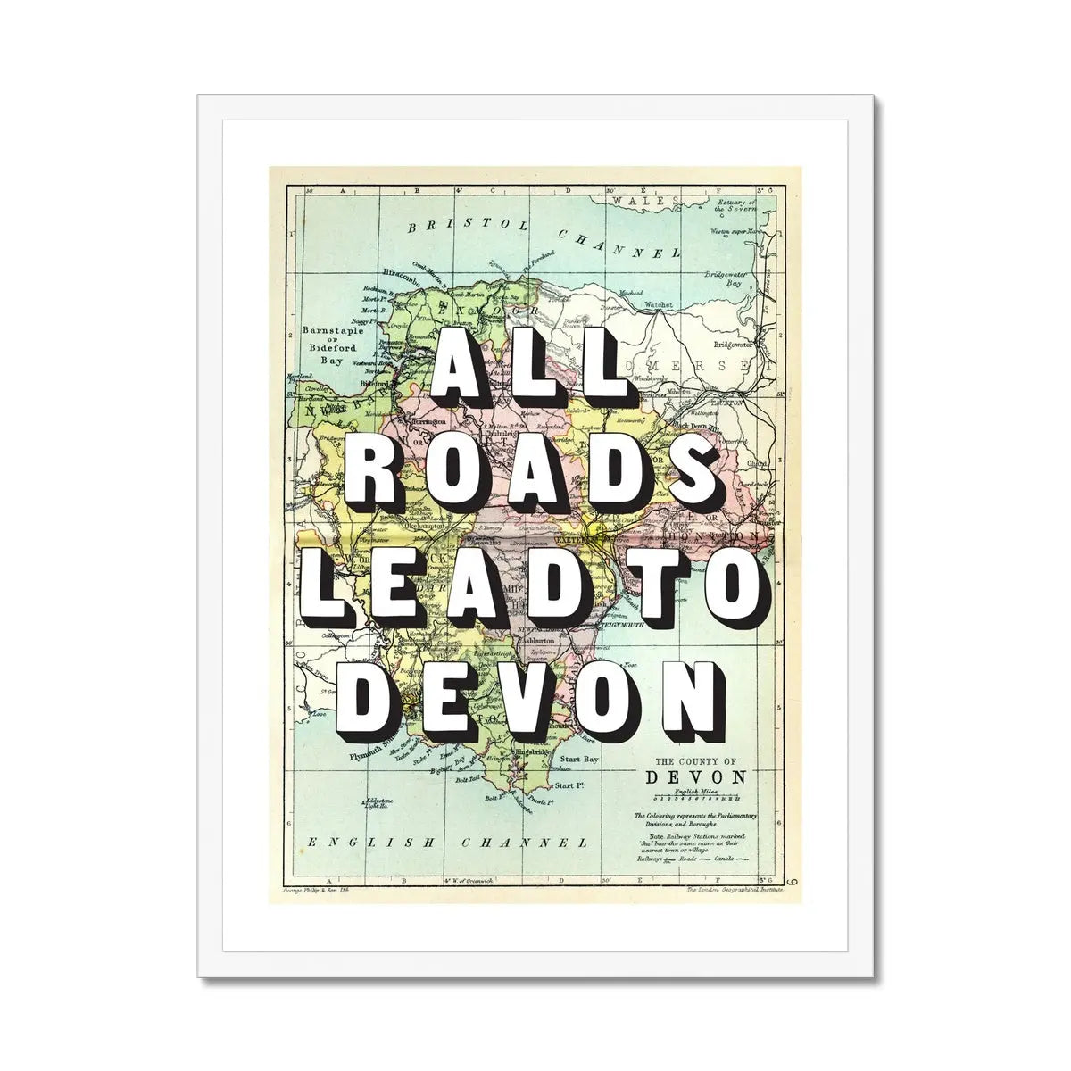 All Roads Lead To Devon (Devon Map) Vintage Map Art - Framed - Beach House Art