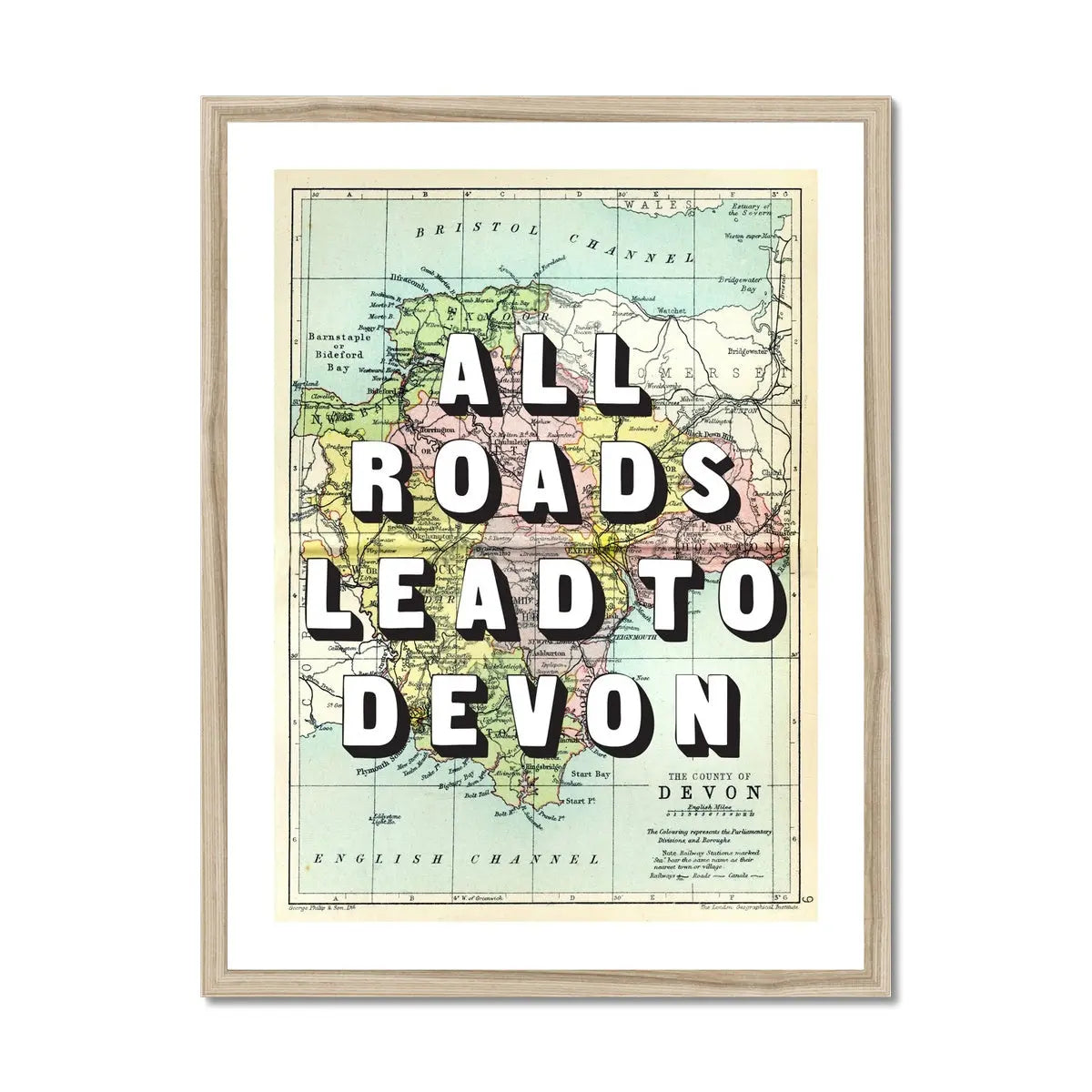 All Roads Lead To Devon (Devon Map) Vintage Map Art - Framed - Beach House Art