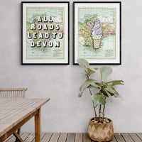 All Roads Lead To Devon (Devon Map) Vintage Map Art - Unframed - Beach House Art