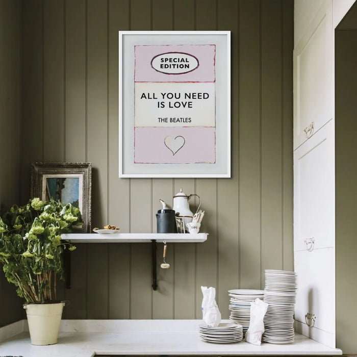 Beach House Art | All You Need is Love (Pink) | Lyric Book Cover Art Print  in white frame in green kitchen