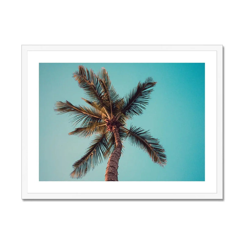 coloured beach art photograph of a palm tree against a blue green sky in a white frame - beach house art