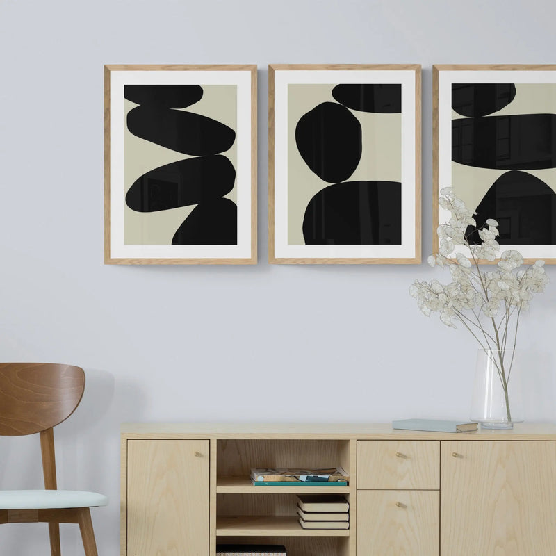 Set of three abstract wall art - Balancing Stones - Framed - Beach House Art