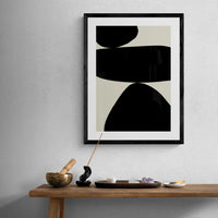 Balancing Stones No2 (Abstract Wall Art) in black frame above shelf - Beach House Art