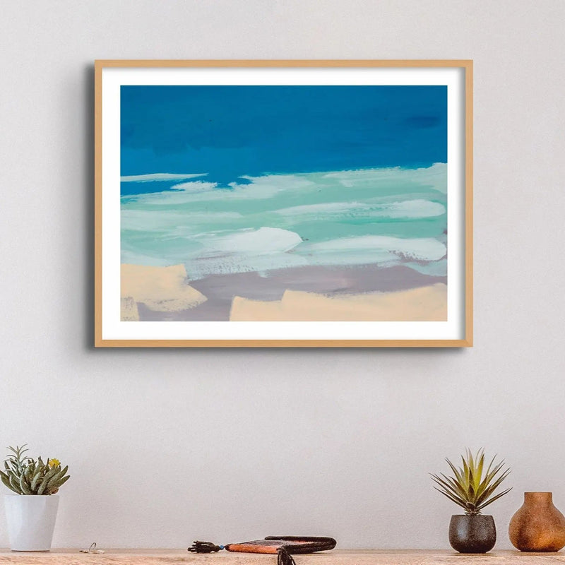 Framed abstract blue and sand coastal art print - framed in a natural wood frame