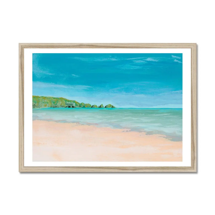 Watercolour beach painting of Mother Ivey's bay in Cornwall on paper - Framed wall art print