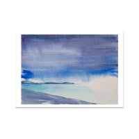 Watercolour Beach Painting - Blue coastal painting showing a headland in Fleeting Rain - Unframed