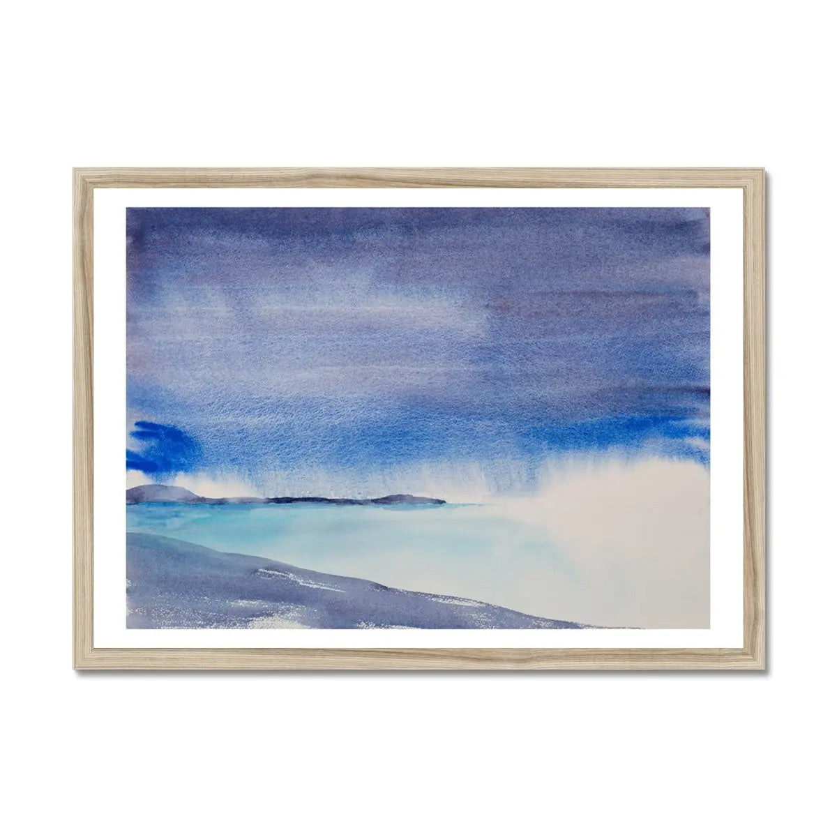 watercolour beach art print | coastal painting in blue | Framed Wall art of headland, sea and painted sky