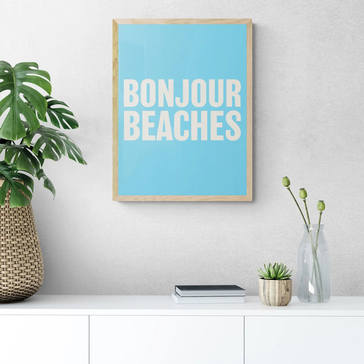 Bonjour Beaches (Azure Blue) Word Art Print - Framed - Beach House Art