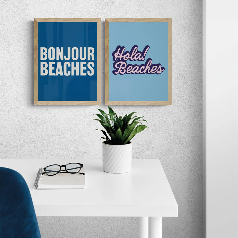 Bonjour Beaches (French Navy) Word Art Print - Framed - Beach House Art