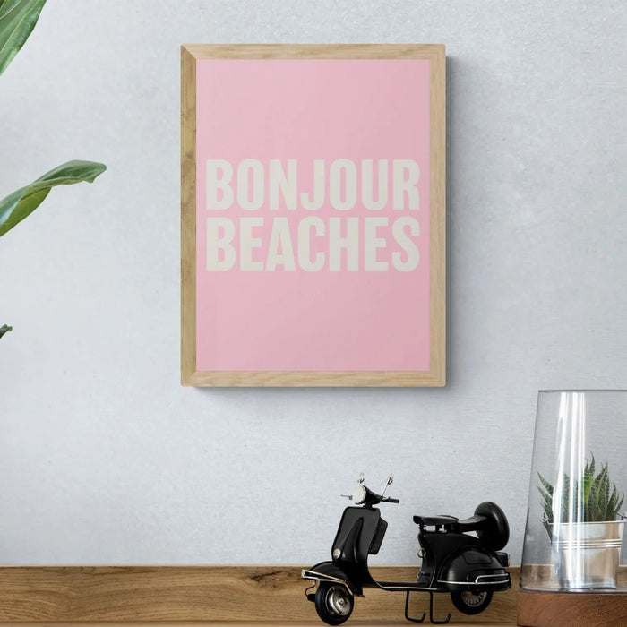 Bonjour Beaches (Pink) Word Art Print - Unframed - Beach House Art