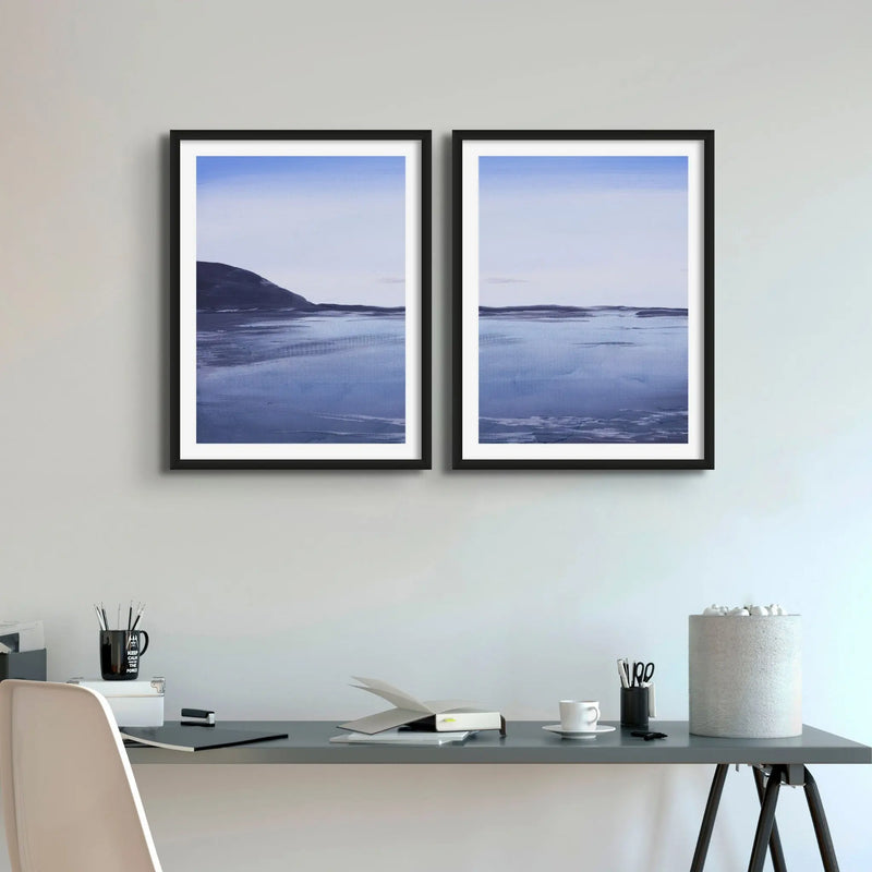 a set of two moody paintings at dawn on a beach near Padstow above a office table - Beach House Art