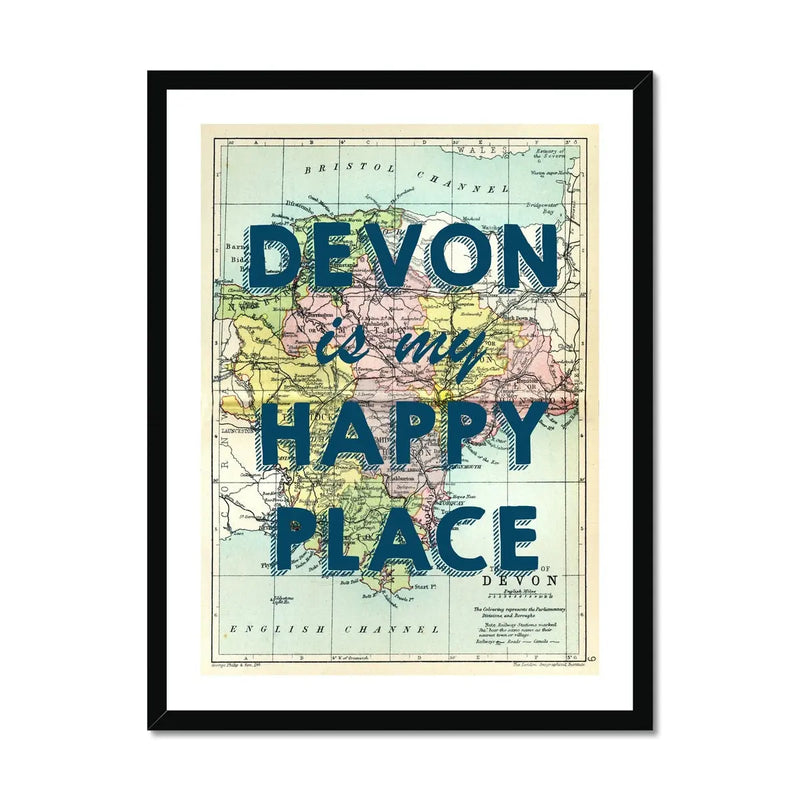 Devon is my Happy Place (Devon Map) Vintage Map Art - Framed - Beach House Art