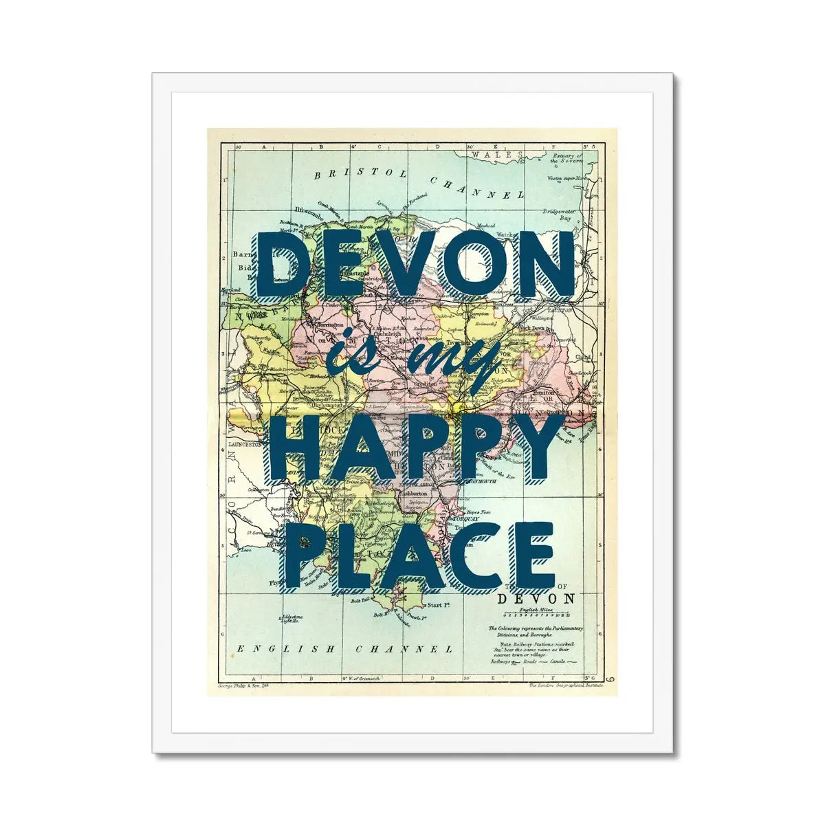 Devon is my Happy Place (Devon Map) Vintage Map Art - Framed - Beach House Art