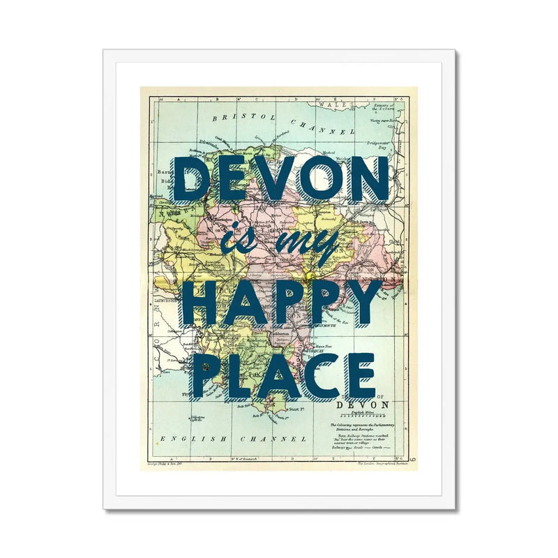 Devon is my Happy Place (Devon Map) Vintage Map Art - Framed - Beach House Art