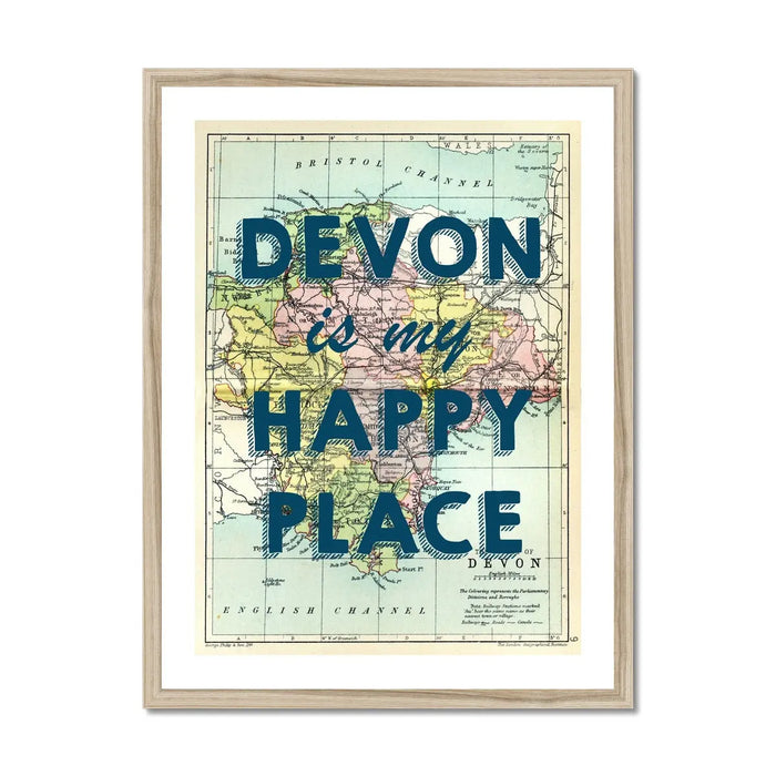 Devon is my Happy Place (Devon Map) Vintage Map Art - Framed - Beach House Art