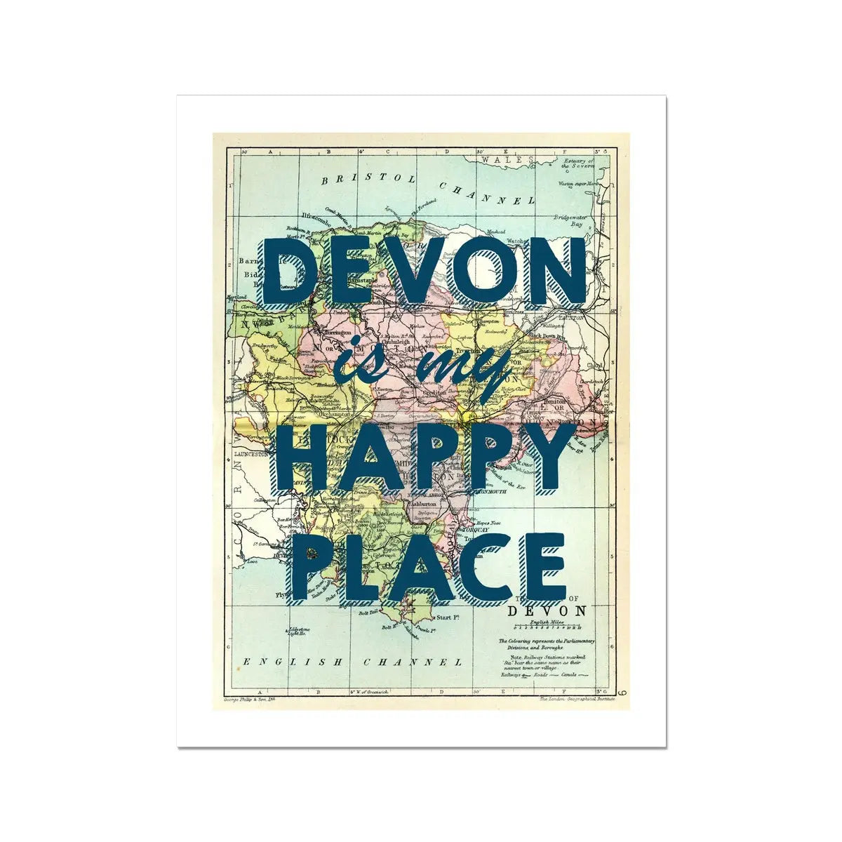 Devon is my Happy Place (Devon Map) Vintage Map Art - Unframed - Beach House Art