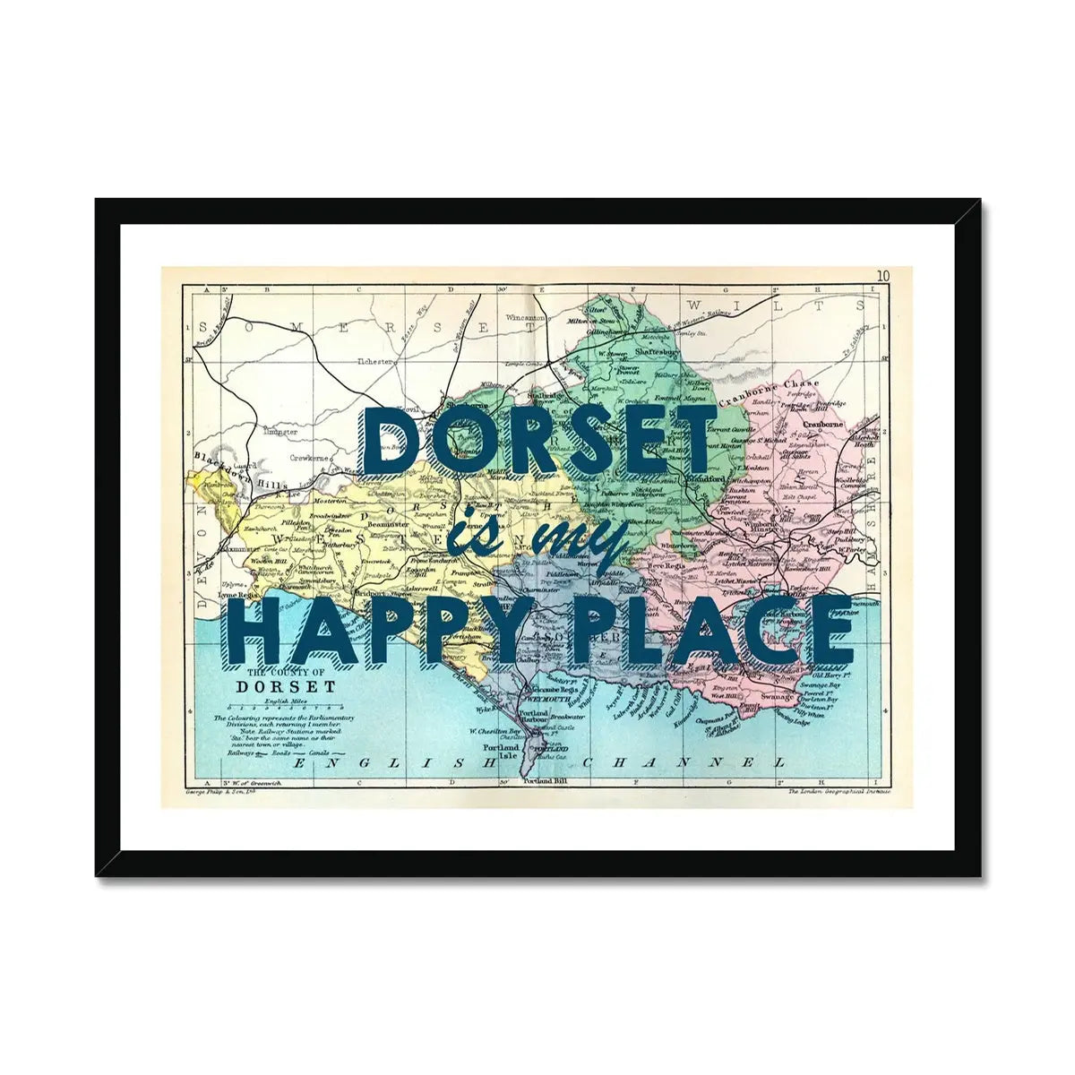 Dorset is my Happy Place (Dorset Map) Vintage Map Art - Framed - Beach House Art