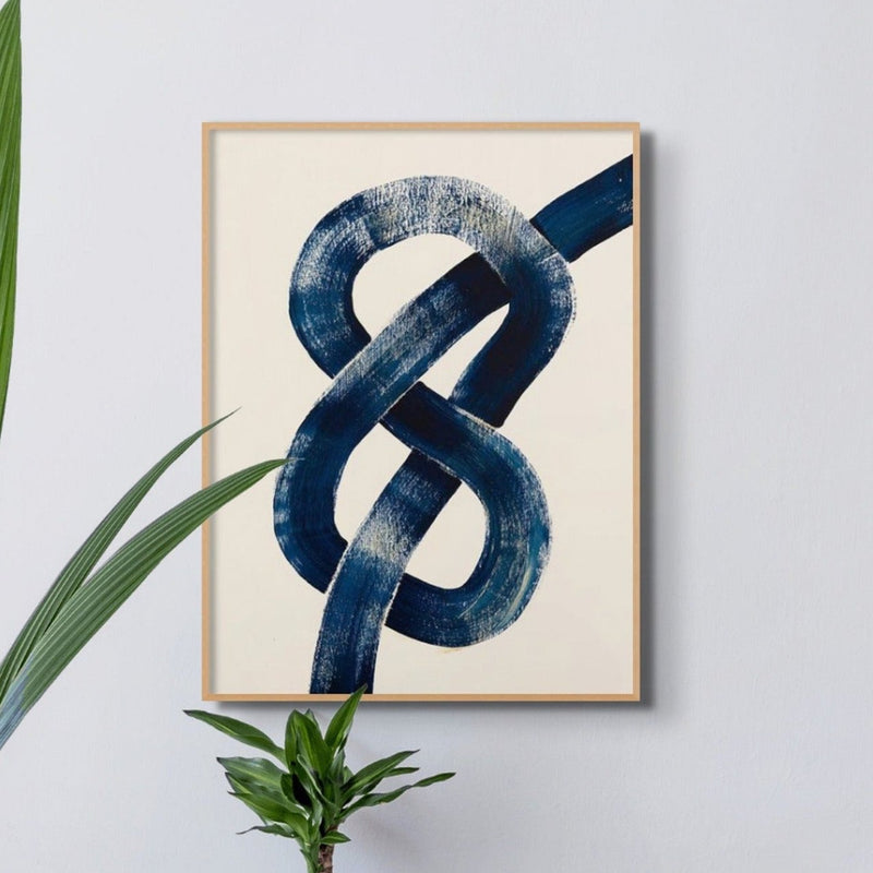 blue abstract painting - indigo figure of eight knot painting on a beige background - unframed wall art print