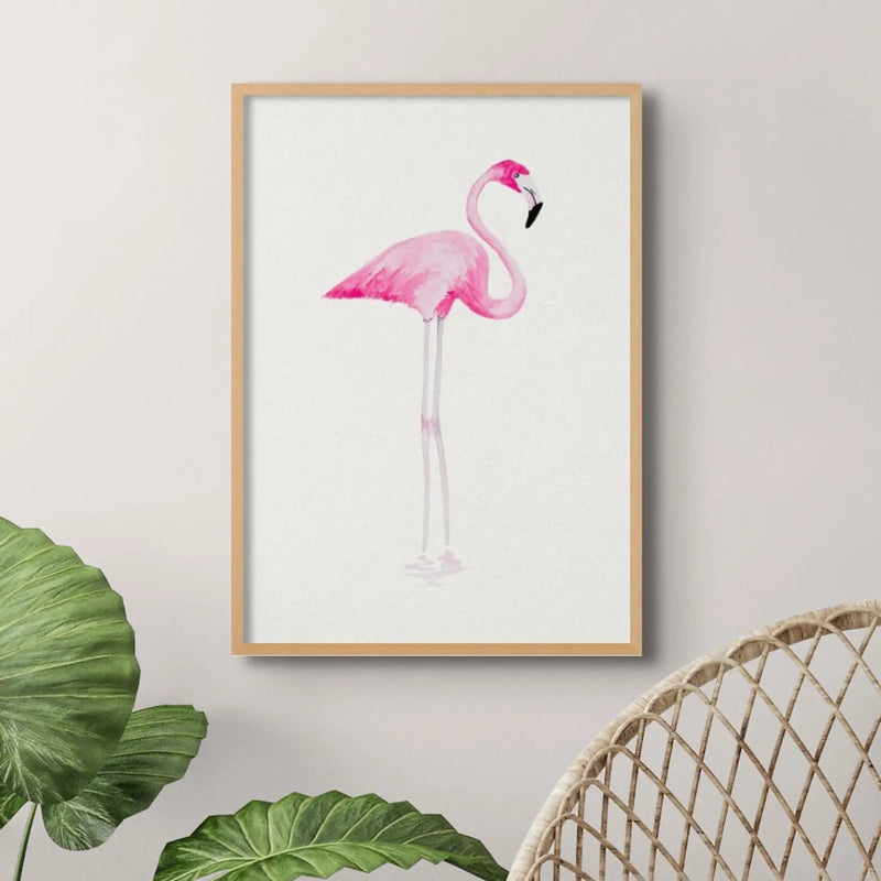 flamingo art print - the watercolour pink flamingo is standing with head up on a white background