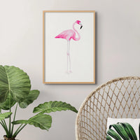 flamingo art print - the watercolour pink flamingo is standing with head up on a white background