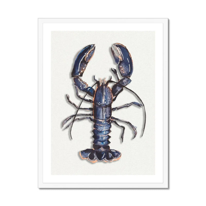 watercolour painting of a blue lobster in white frame